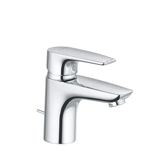 Hochglänzender, moderner Einhebelmischer für Waschbecken mit schmaler, eleganter Auslaufform und charakteristischem Bedienhebel.